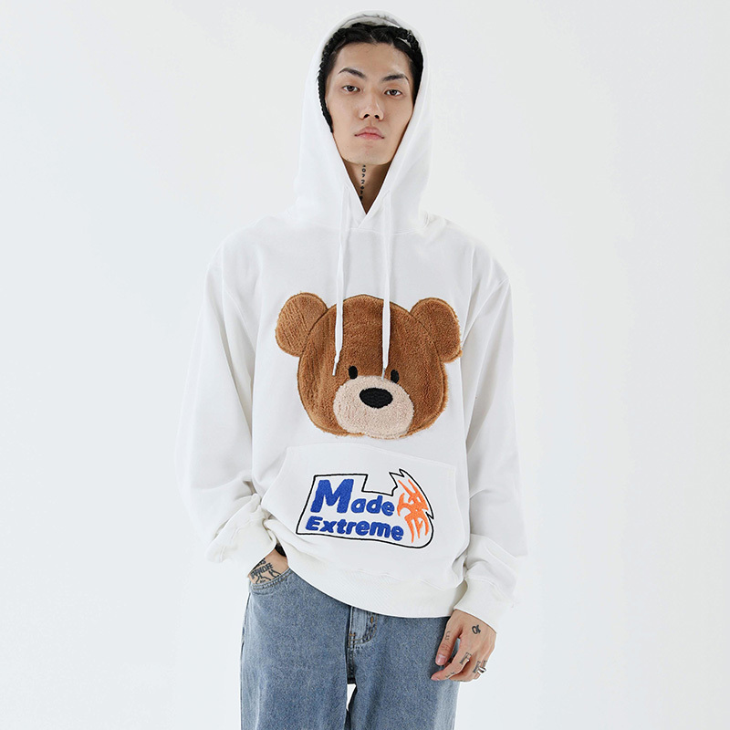 Aolamegs Hoodies Men Cartoon Furry Bear Letter Patch Harajuku Oversized Retro Hip Hop Hooded Pullover Men Sweatshirt Streetwear 201020