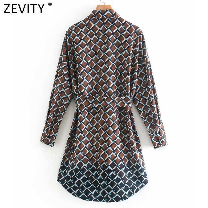 Zevity Women Vintage Contrast Color Geometric Print Breasted Shirt Mini Dress Ladies Pocket Patch Chic Sashes Vestido DS4762 210603