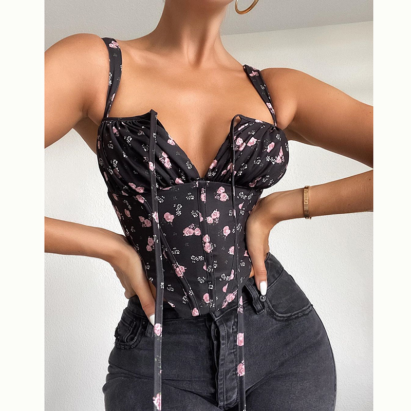 NewAsia Floral Corset Women Sweet Print Hollow Up Tie Up Sexy Crop Top Summer Sleeveless Ruched Boning Bustier Casual Tank Top 210225