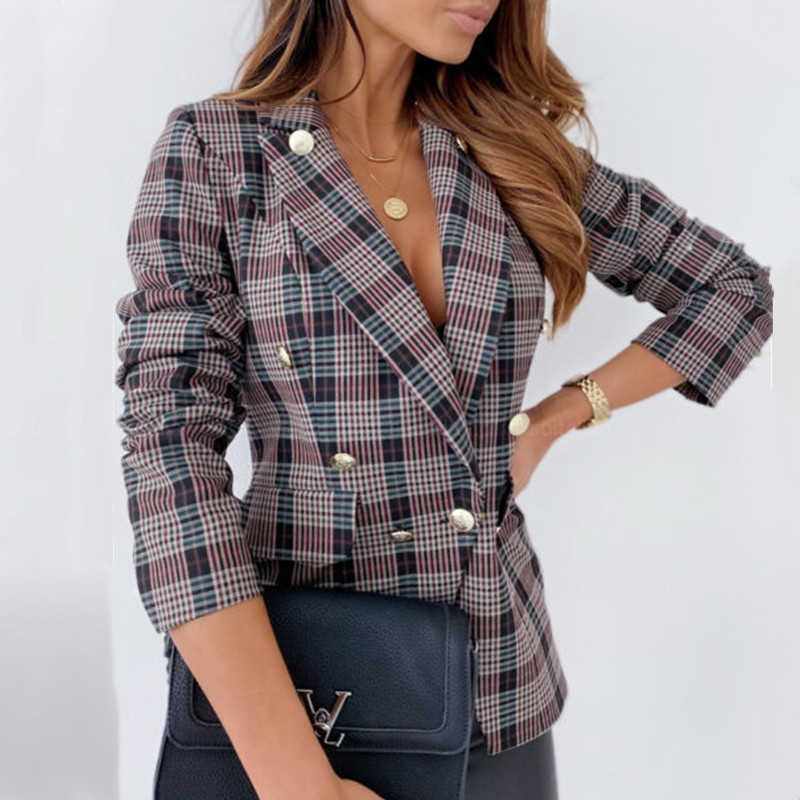 Women Fall Winter Plaid Print Blazer Jacket Casual Lapel Slim Double Breasted Female Coat Tops Work Office Lady Suit 210526