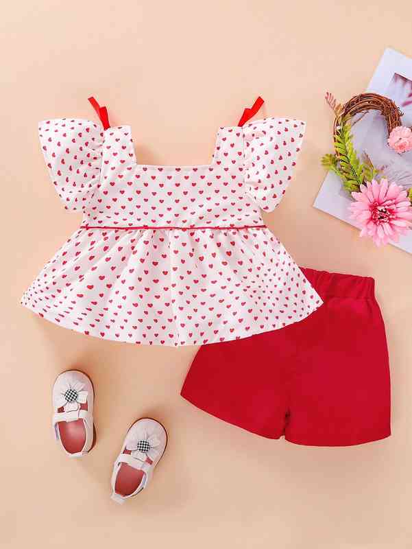 Baby Allover Heart Print Bow Detail Top & Shorts SHE