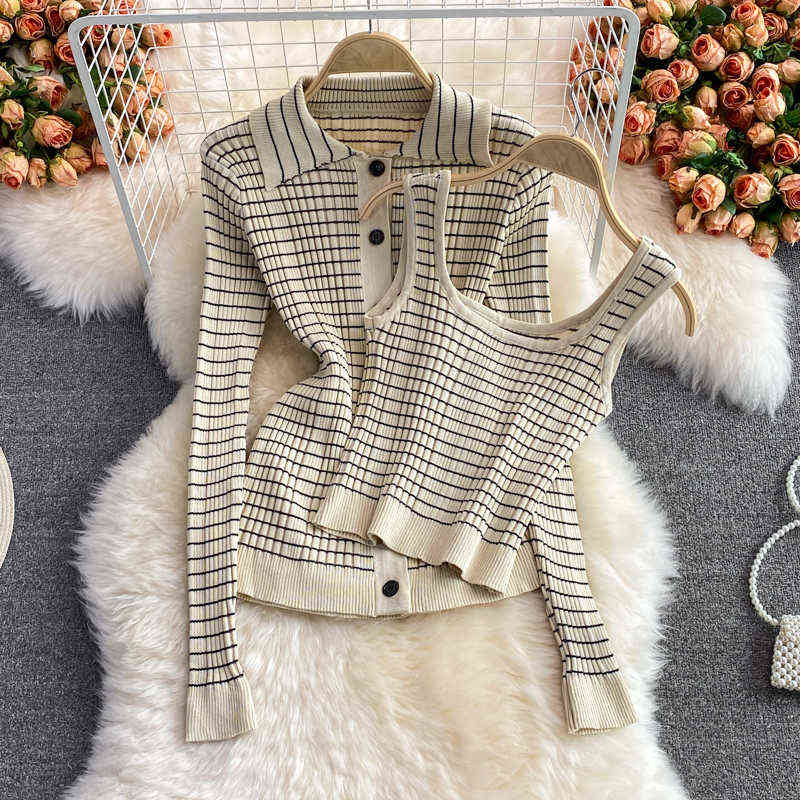 Women 3 Piece Set Autumn Korean Style Temperament Fashion Suit Plaid Knitted Cardigan Bottoming Camisole Skirt 211106