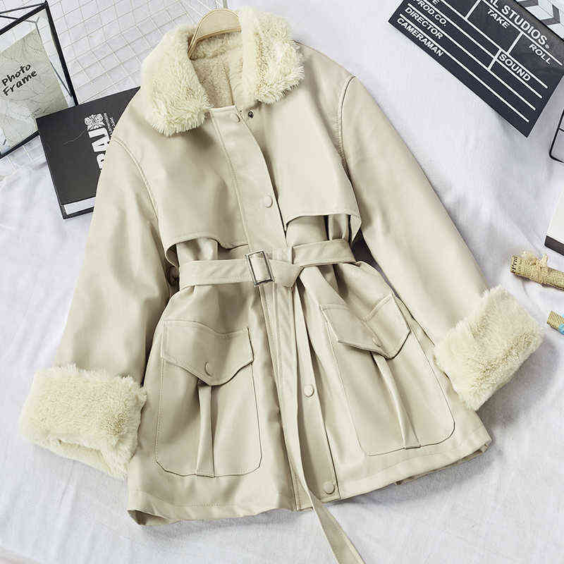 eather clothes winter Korean Pu fur fur collar lace up Plush jacket fashion motorcycle clothe's coat 211109