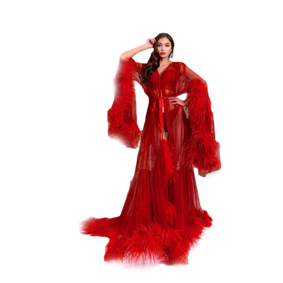Ostrich Feather Women Sleepwear Long Sleeve Maternity Sexy Kimono Pregnant Party Women Bathrobe Sheer Nightgown Robe Shawel