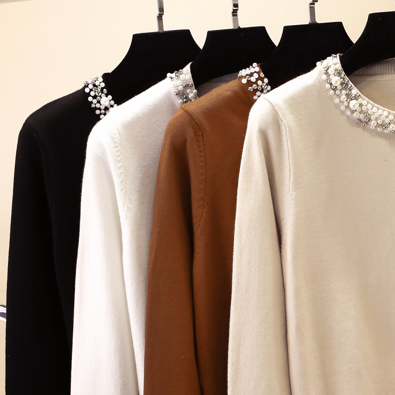 Pearls beading o-neck sweater women elegant basic slim Pullover long sleeve knitted sweaters autumn and winter modis tops T200113