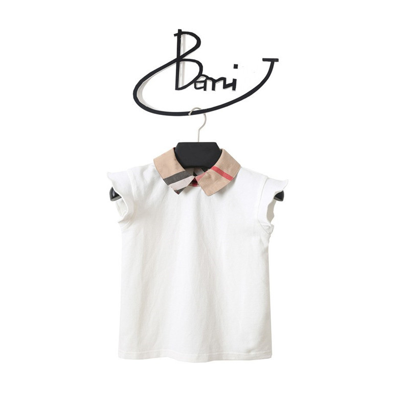 New Princess Stripe Turndown Collar Kids T Shirt Funny Kawaii Cartoon Girl Top Harajuku White Short Sleeves Girl Tshirt 210306
