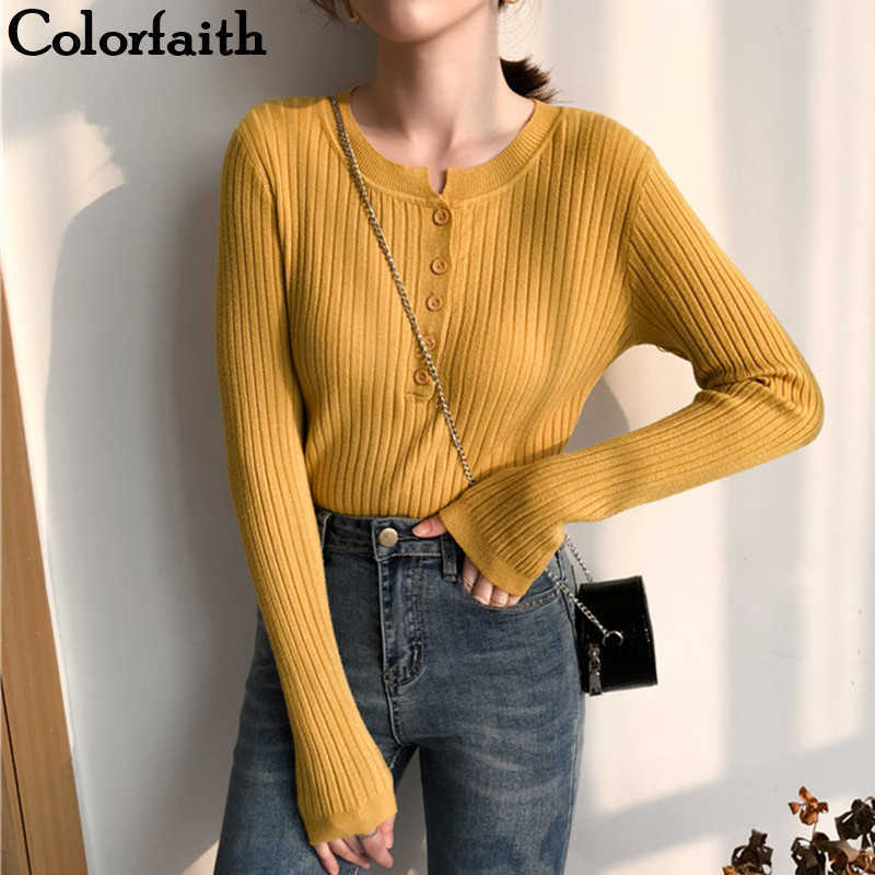Colorfaith Winter Spring Women Pullovers Sweater Knitted Elegant Buttons Casual Ladies Jumpers Bottoming SW9065 210918