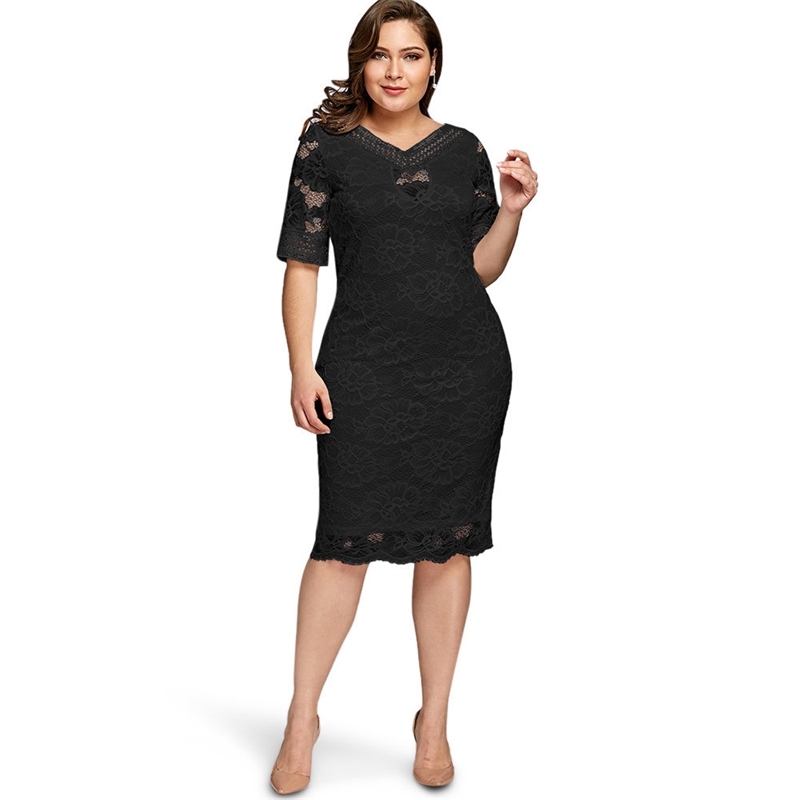 ROSEGAL Plus Size V Neck Half Sleeve Lace Dress Bodycon Women Fashion Sexy Party Ladies Dresses Big Size Vestido T200319