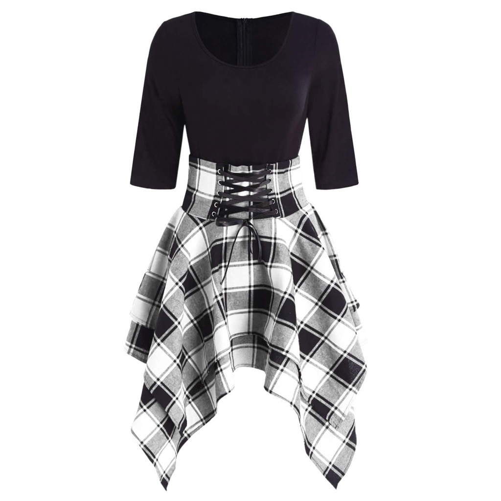 Gothic Plaid Mini Dress Women Preppy Sexy High Waist Asymmetric Casual Female Elegant Goth Punk Short Party Dresses Vestidos 210309