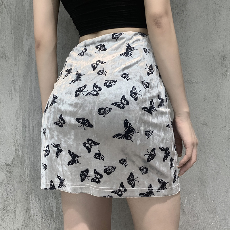 Sexy mini skirt velvet Butterfly Embroidery Black skirts womens aesthetic High Waist vintage harajuku black gothic skirt 210306