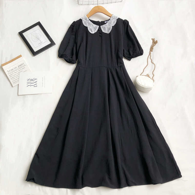 LY VAREY LIN Summer Women Sweet Peter Pan Collar High Waist Midi Dresses Casual Lace Short Sleeve A-line Female 210526