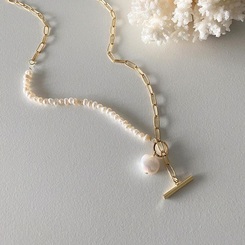 Chokers Elegant Natural Freshwater Pearl Necklace For Women Gold Chunky Link Chain Asymmetry Toggle Clasp Circle