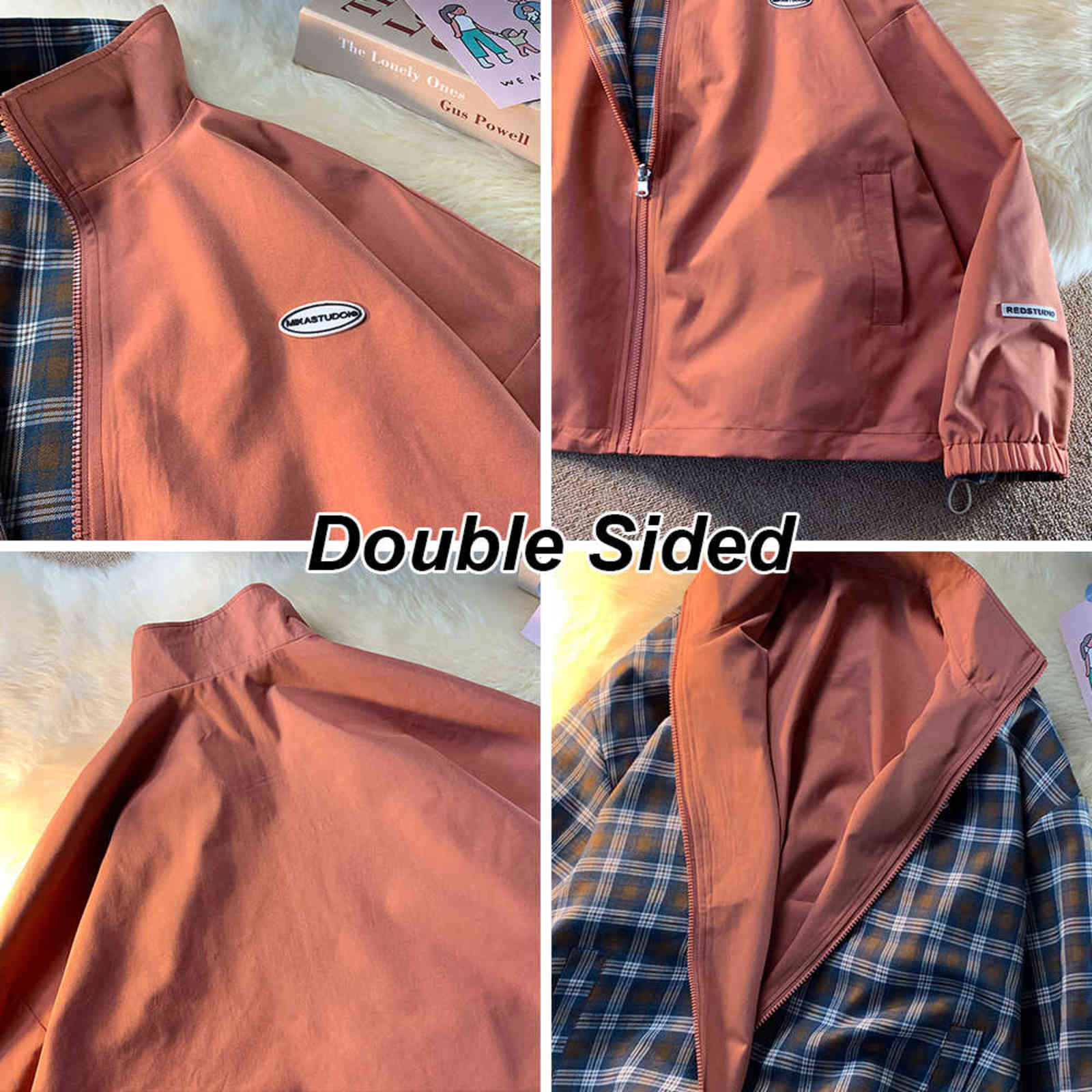 Coat Spring Autumn Casual Stand Jacket Men Korean Reversible Plaid Fashion All Match Loose Fit Jackets Women 211110