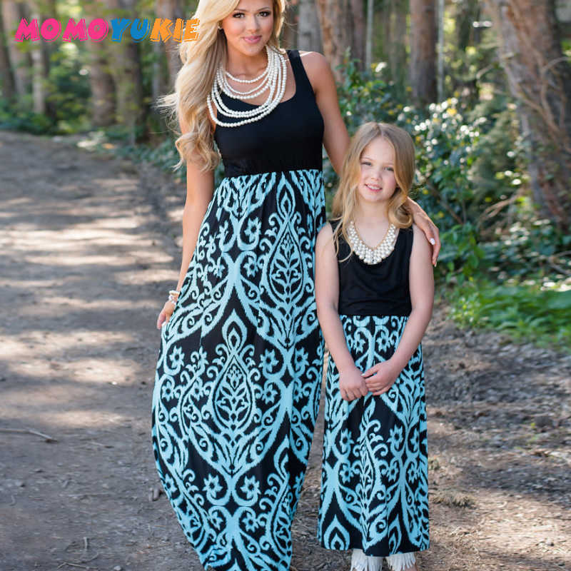 mother daughter dress family matching outfits Neon Coral Black Damask Maxi Dress baby girl summer mommy and me clothes dresses 210713