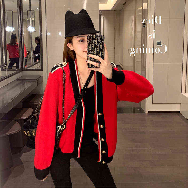 Contrasting Color Knitted Cardigan Women Loose Lazy Casual Red Sweater Coat V-neck Striped Autumn Winter Pockets Female 211117