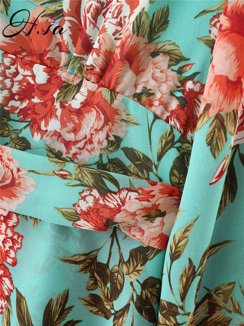 Hsa Women Floral Print Boho Party Dress Sexy V Neck Long Sleeve Spring Clothes With Waist Tie Elegant Day Dress 210716