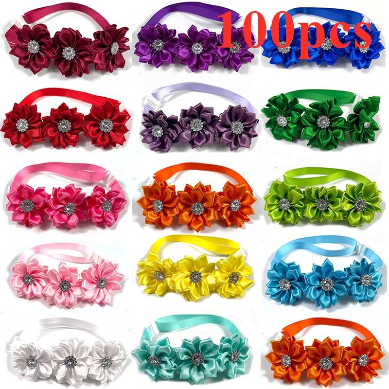 50/100pcs Pet Dog Bow Ties Flowers Collar with Shiny Rhinestones Bright Color Small Middle Neckties Pet Supplies Dog Accessories