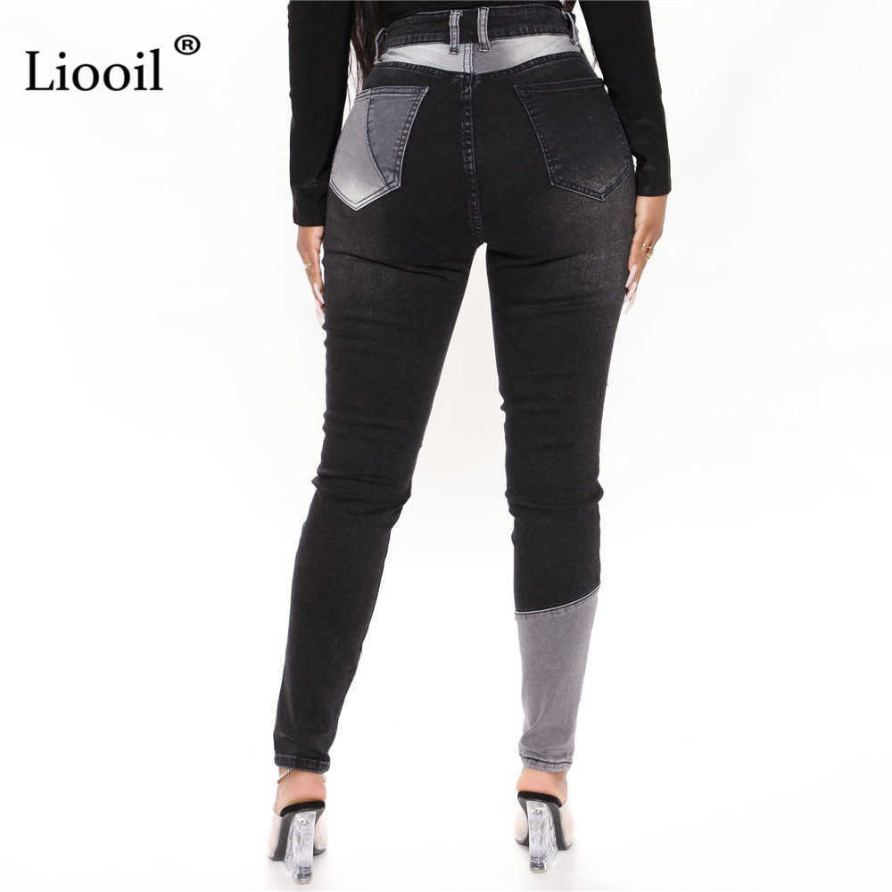90s Color Block Boyfriend Skinny Jeans For Women Streetwear Black Blue Contrast Stitch High Waisted Pencil Pants Denim Trousers 210922