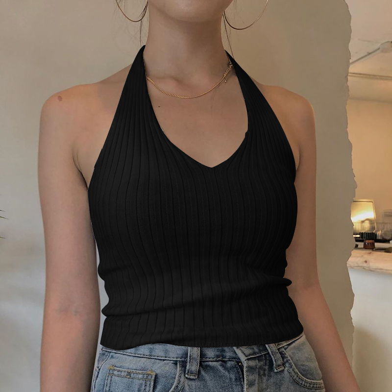 InstaHot Halter Crop Top Women Sleeveless Summer Sexy Slim Knitted Bodycon Solid Casual Elegant Female Camis Streetwear Tank Top 210308