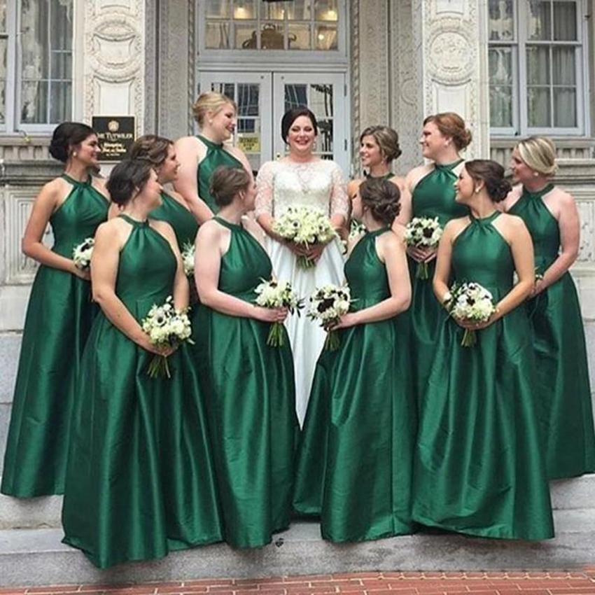 2021 Emerald Green Bridesmaid Dress Long Taffeta Wedding Party Gowns Women Halter Neck Simple Elegant Lady Guest Gowns