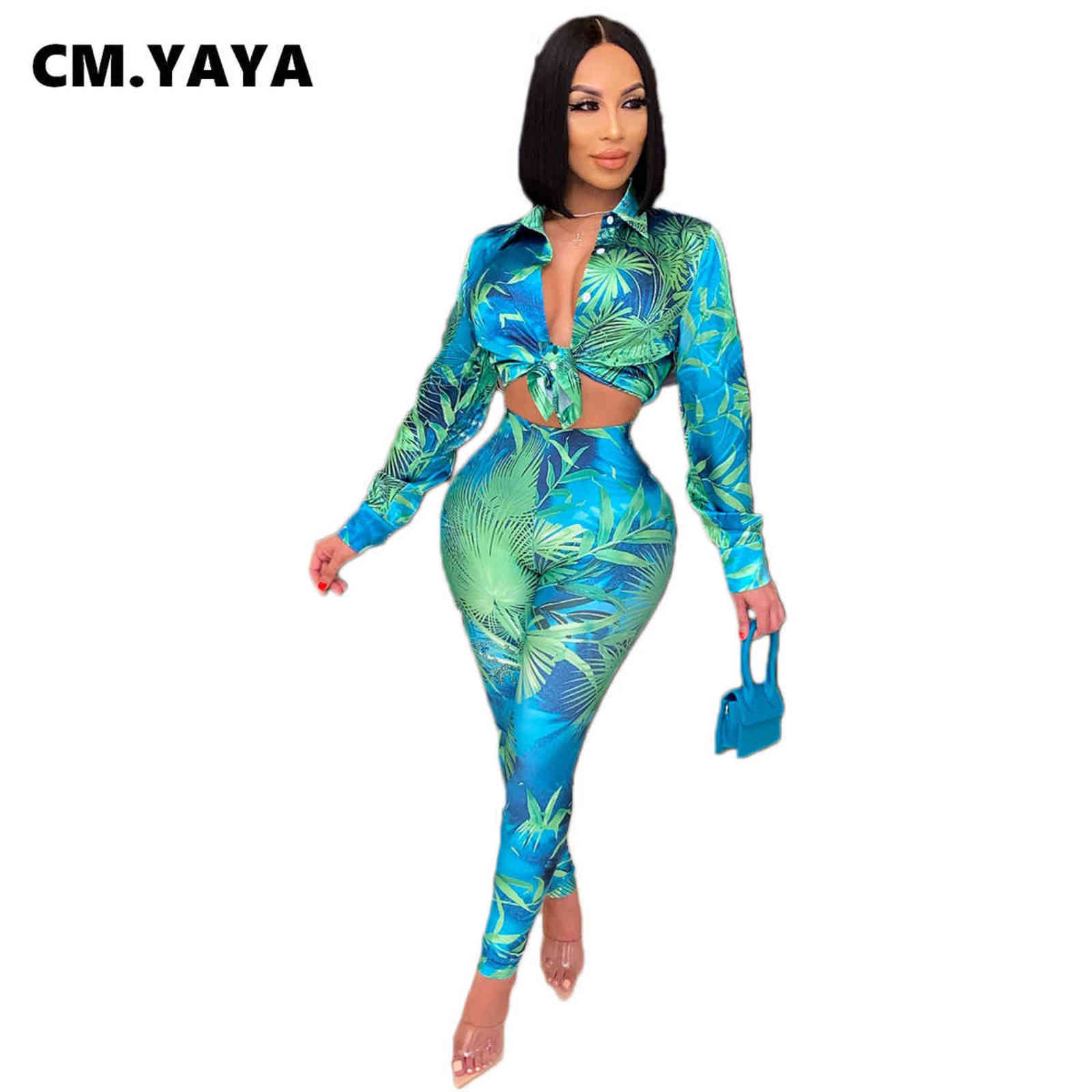 CM.YAYA Autumn Letter Leaf Print Women's Set Blouses Shirt Legging Pants Suit Active Wear Tracksuit Two Piece Fitness Outfit 211105