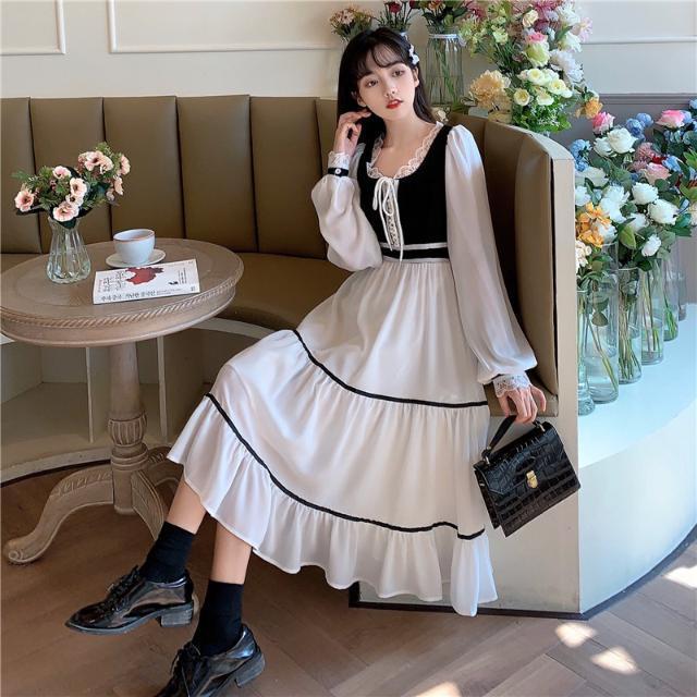 Casual Dresses Patchwork Fairy Dress Women Autumn Elegant Chiffon Sweet Party Female Kawaii Bandage Korean Fall 2021 Clothing