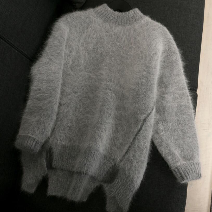 Autumn Winter women mohair knitting sweaters O-neck hairy korean sweet pink white sweater pullovers 210218