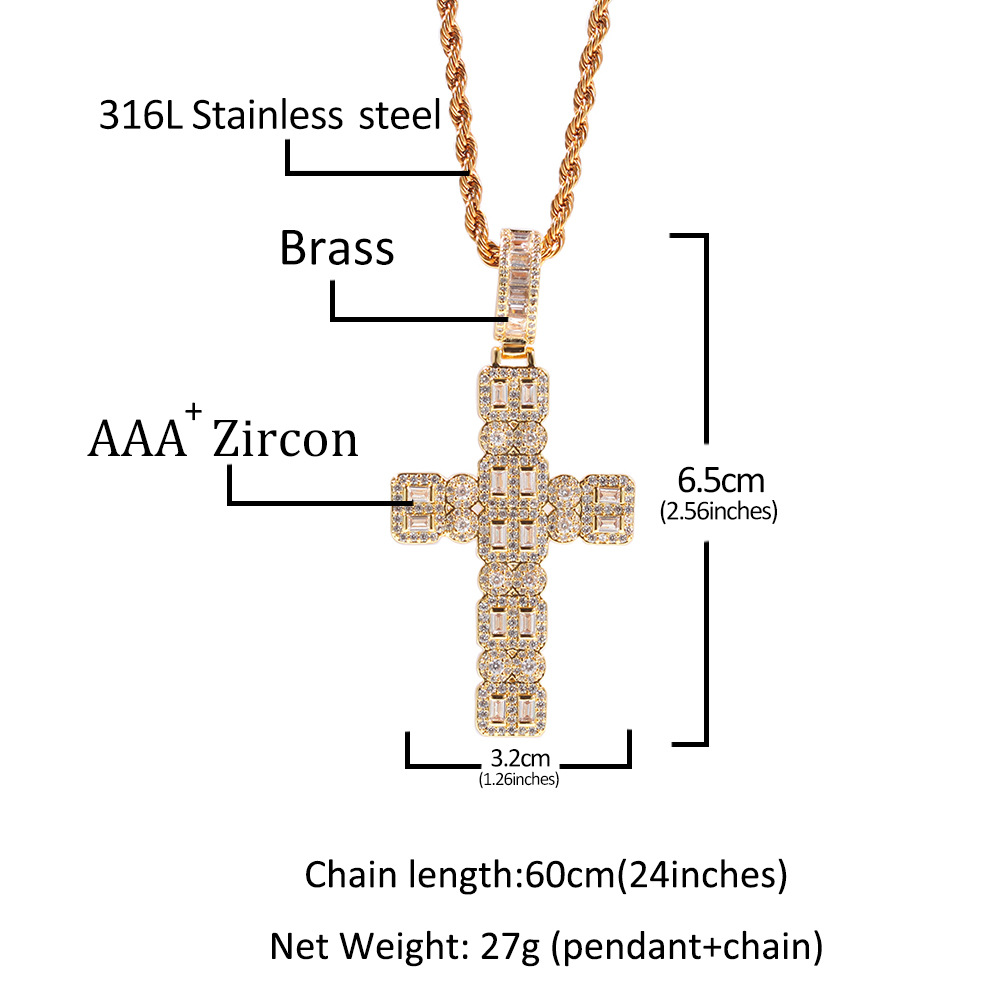 Hip Hop Cross Pendant Necklace Bling 18K Real Gold Plated Shining Crystal Zircon Religious Jewelry Men Women Gift