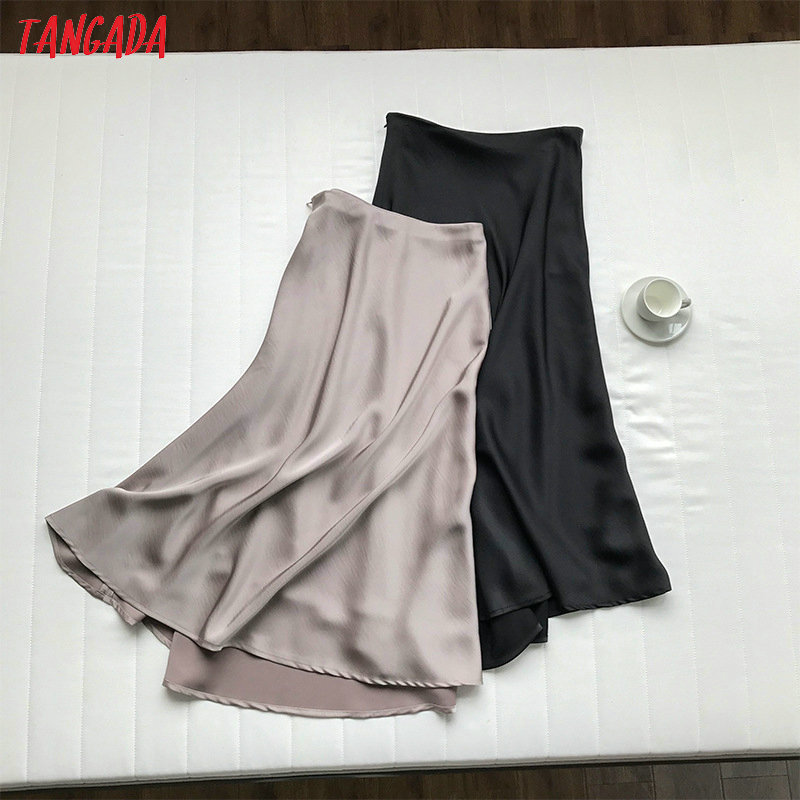 Tangada women solid A-line midi skirt faldas mujer vintage side zipper office ladies kirts high quality ASF42 210309