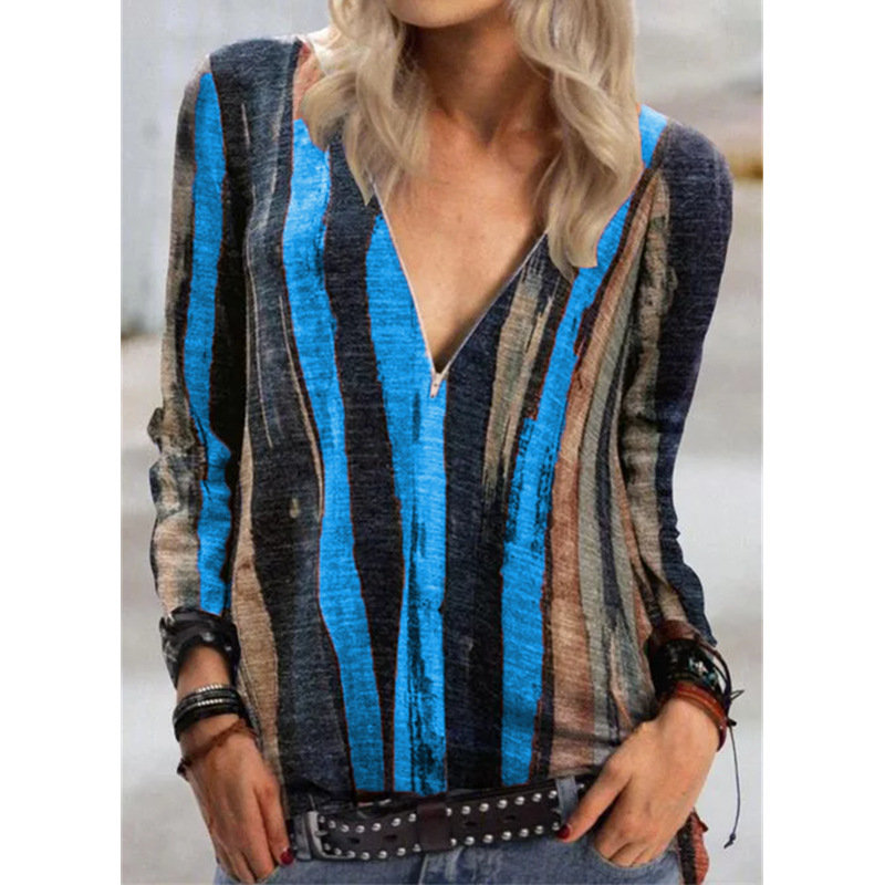Vintage Stripe Print Zipper V Neck T Shirts Women Casual Loose Long Sleeve Pullovers Tops Autumn Streetwear Trendy Tee 210302
