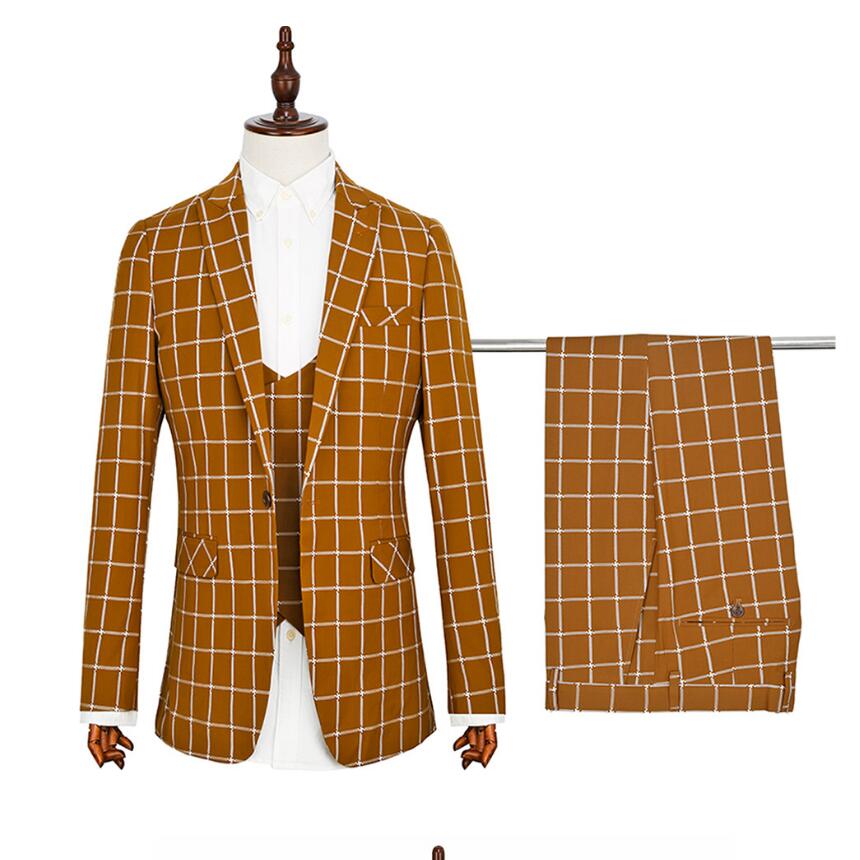 Spring Summer Mens Suits Check Wedding Pants Tuxedos Evening Party Prom In Stock Slim Fit Best Man Wear 3 Pieces