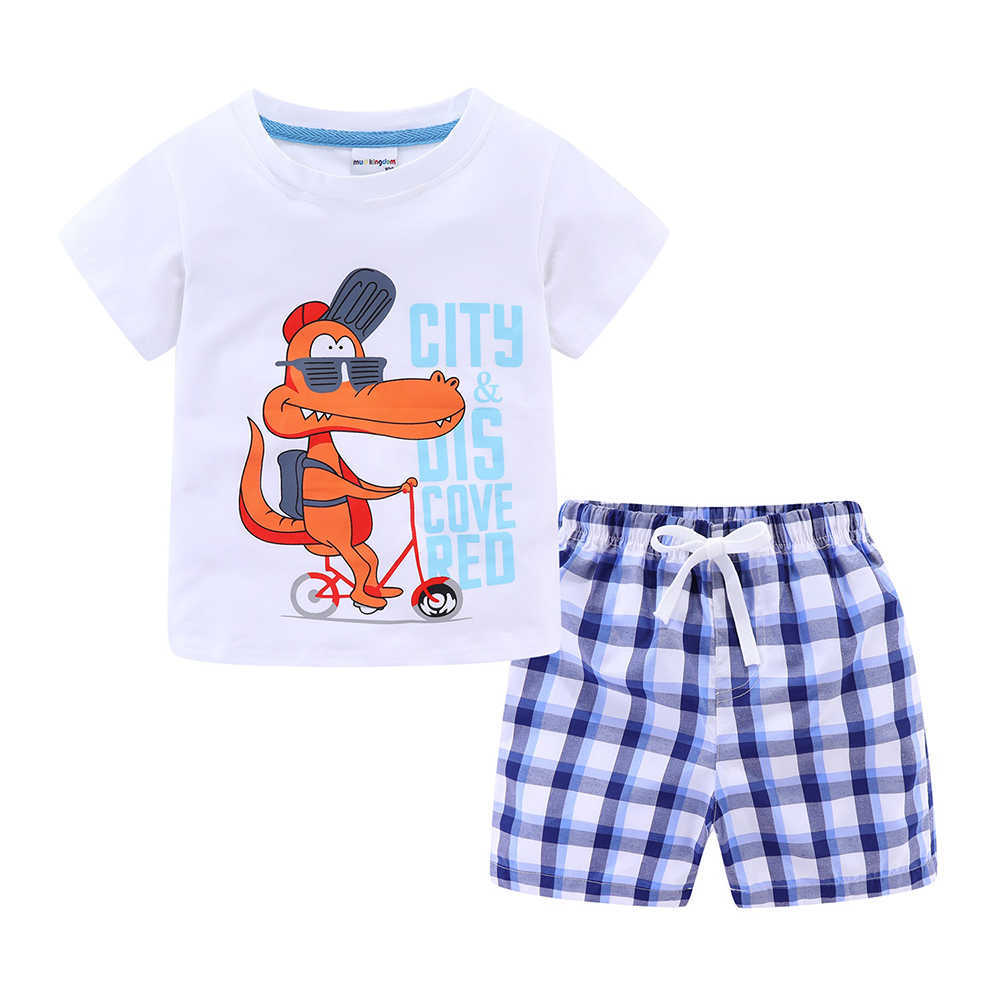Mudkingdom Summer Plaid Short Set for Boys Beach Holiday Outfits Dinosaur Cute T-Shirt and Drawstring Kids Clothes Suit 210615