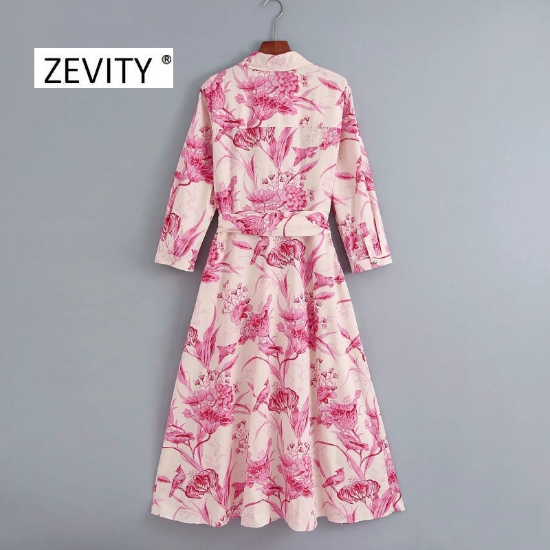 Zevity New women vintage birds flower print shirt dress office lady three quarter sleeve bow sashes vestidos chic dresses DS4152 210303
