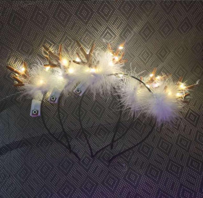 LED Fluffy Feather Antlers Headband Christmas Glowing Light Up Flashing Deer Ears Hairband Costume Fancy Cosplay Party Decor with battery