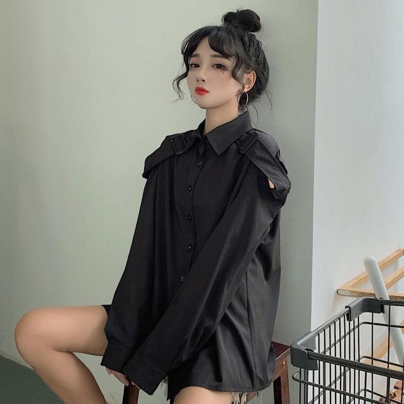 Neploe Spring Harajuku Blusas Tops Long Sleeve Hollow-out Strapless Women Shirt Korean Fashion White Black Blouses 58100 210225