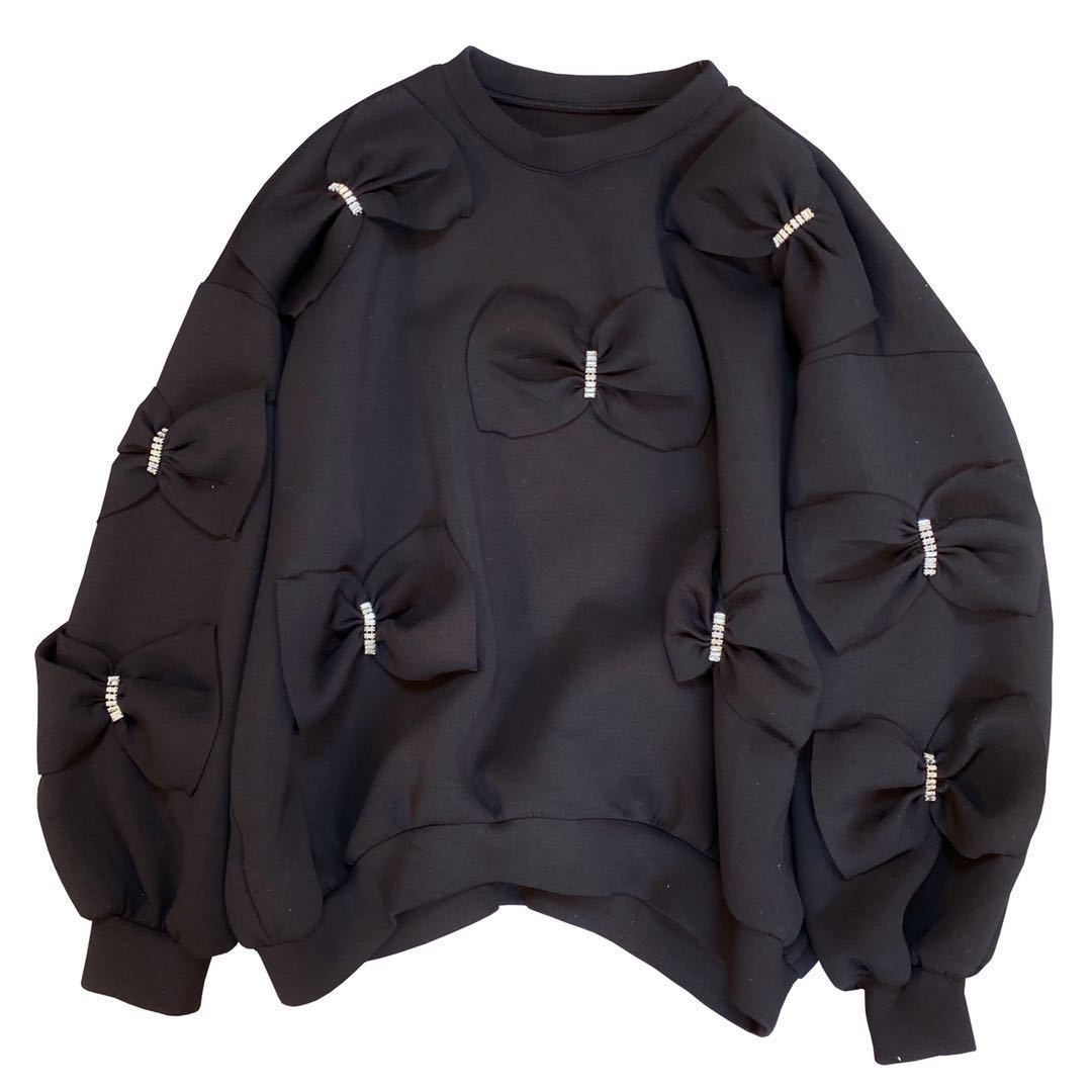 DEAT Autumn New Arrivals Long Sleeve O Neck Diamonds Bow Decoration Cotton Sweatshirt Women Pullovers MK710 201030