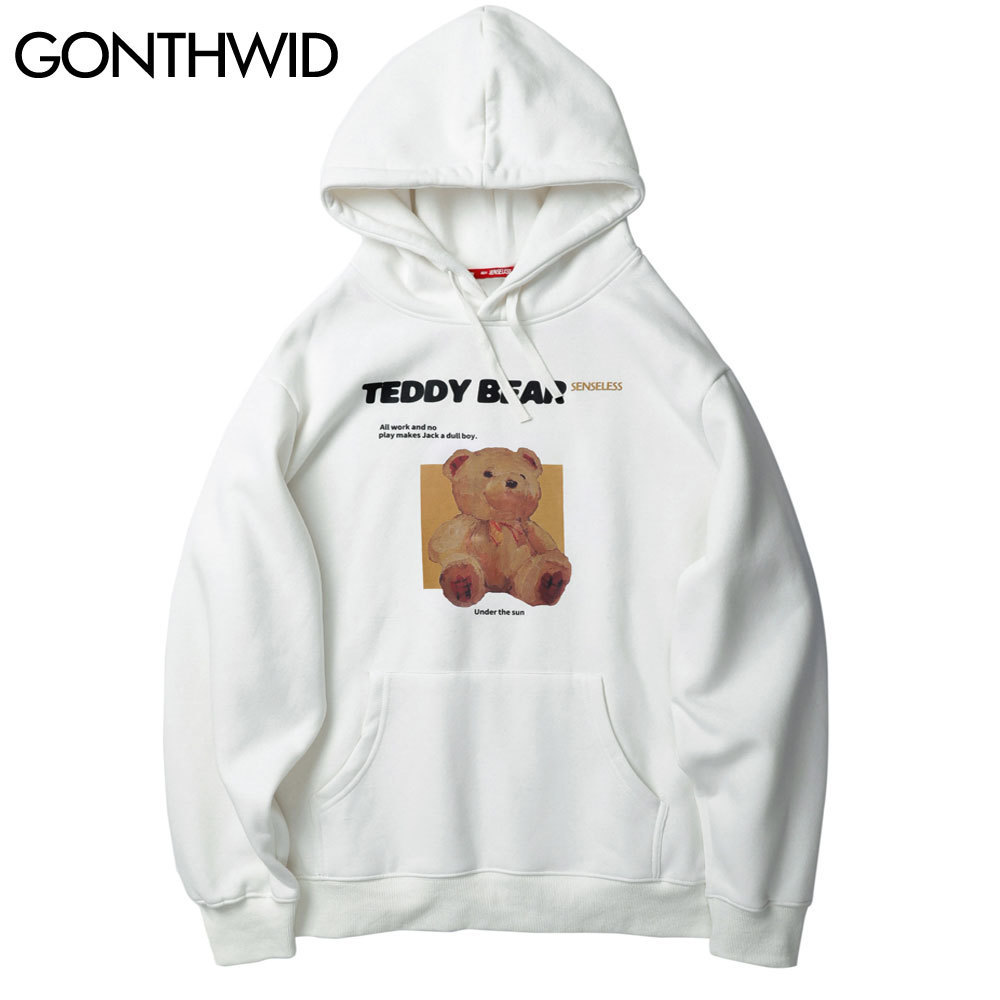 GONTHWID Toy Bear Print Fleece Hoodies Sweatshirts Harajuku Streetwear Hip Hop Casual Pullover Hooded Tops Men Fashion Tops 201020