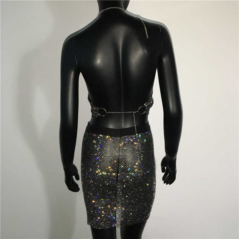 Sexy See Through Camis Halter Shiny Diamante Metal Round Ring Backless Low Cut Crop Top Party Night Club Camisole For Lady 210625