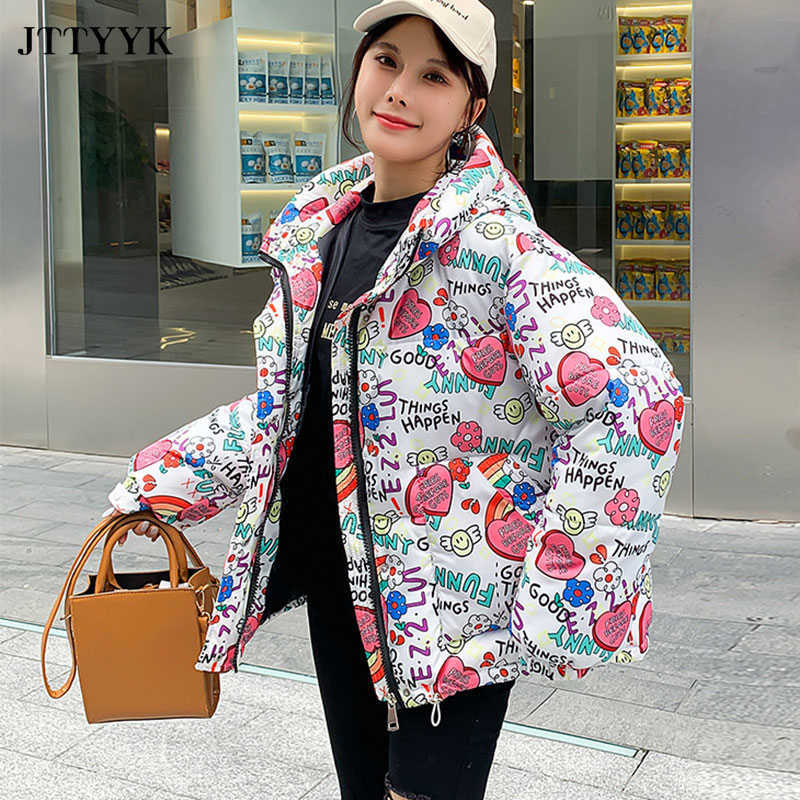 Oversize Clothes Winter Down Jacket Women Print Padded Coat Female Fashion Style zipper Short Outerwear Hooded Parka Mujer 210819