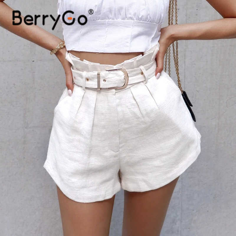 BerryGo White cotton high waist women shorts Summer ruffled belt female short bottoms Fashion short pants streetwear Shorts 210611