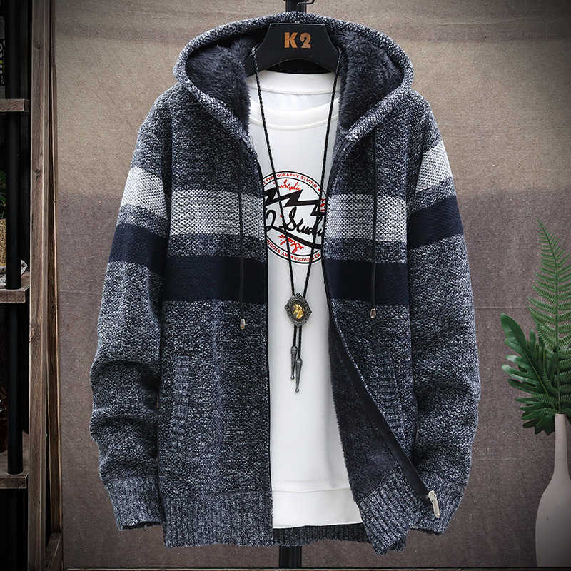 Fleece Warm Sweater Men Winter Hooded Cardigan Mens Striped Slim Sweaters Patchwork Coat Knitted Men's Hoodie Jumper Clothing 210818