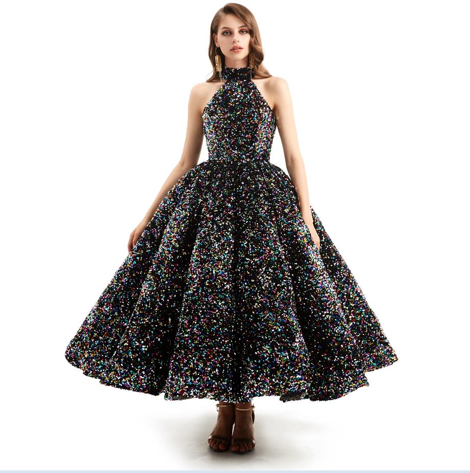 Green O-Neck Sexy Luxury Ankle-Length Evening Gowns 2022 Sleeveless puffy skirt Sequins Sparkle prom dresses real image