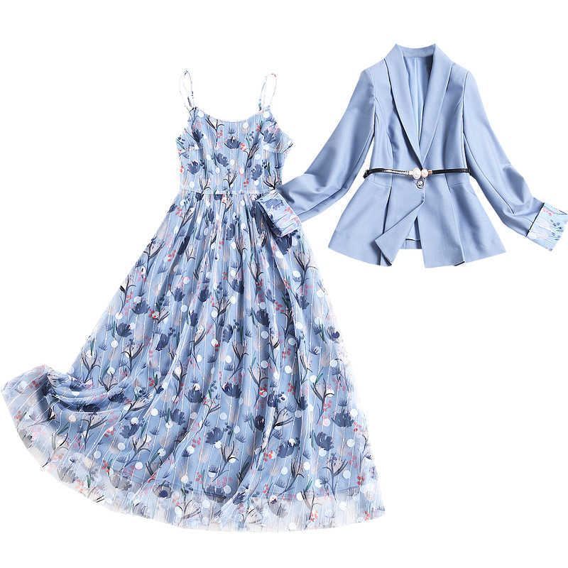 Fresh Elegant 2 Pcs Women Set Embroidery Print Mesh Patchwork Dresses + Solid Simple Blue Blazer with Sashes Spring 210525