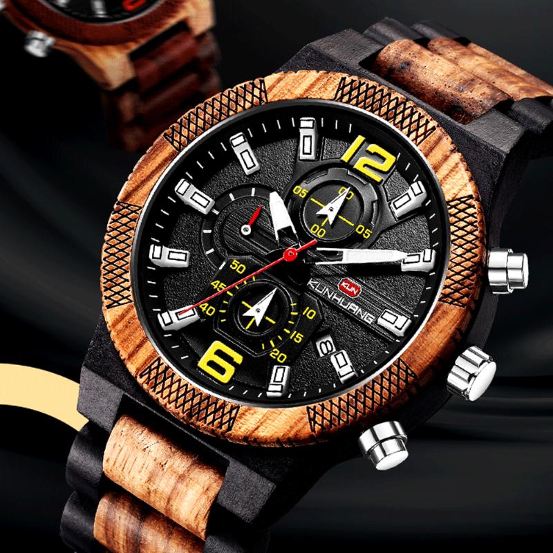 Montres-bracelets Kunhuang Top Wood Hommes Regarder des horaires en bois élégants Chronograph Quartz Montres Relogio Masculino cadeau homme