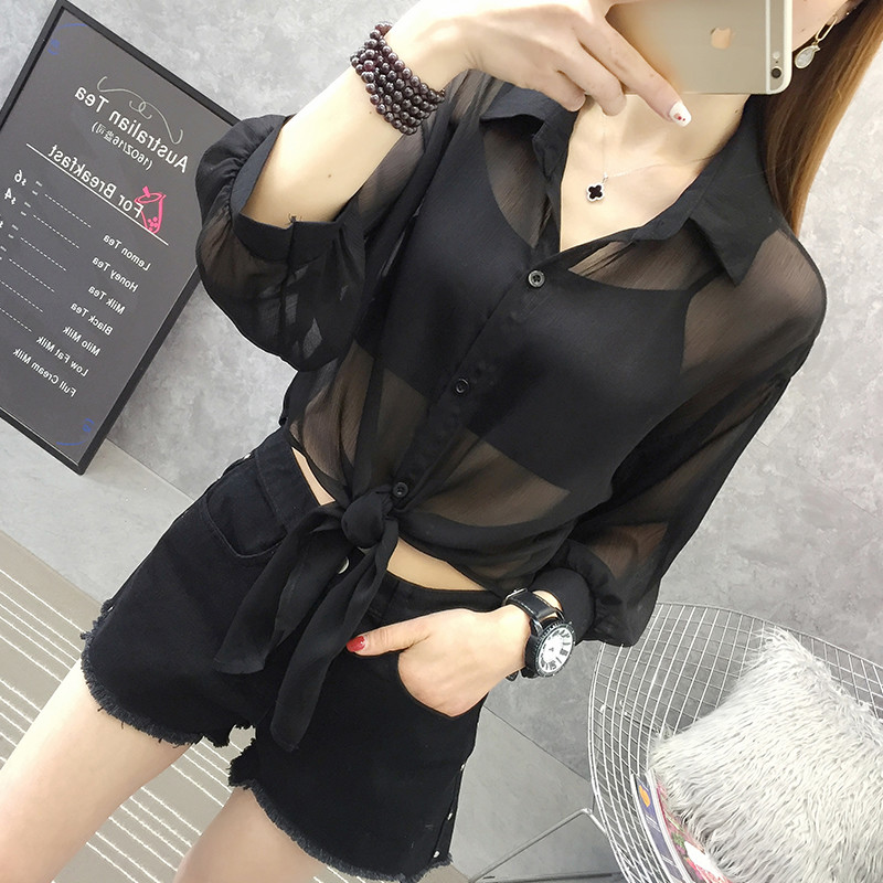 Heliar Black Chiffon Shirts Women Blouse With Buttons V-Neck Tied Up Tribal Blouse Short Office Lady Shirts Women Summer 210225