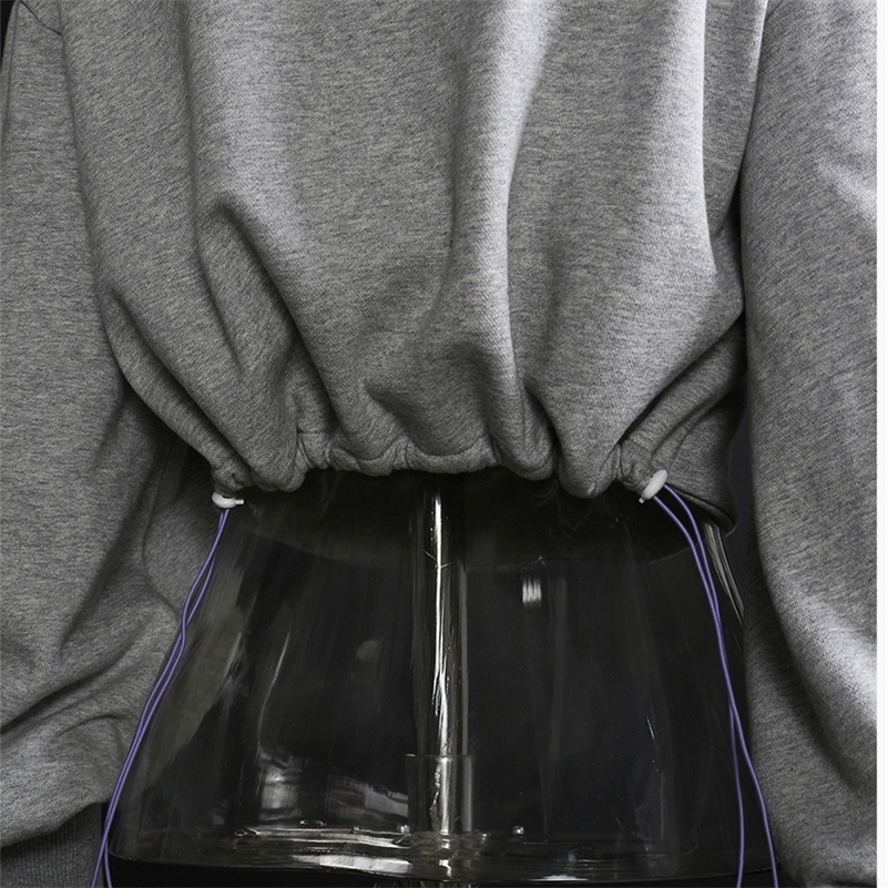 [EAM] Loose Fit Gray Hollow Out Drawstring Sweatshirt New Hooded Long Sleeve Women Big Size Fashion Spring Autumn 1DD0023 201209