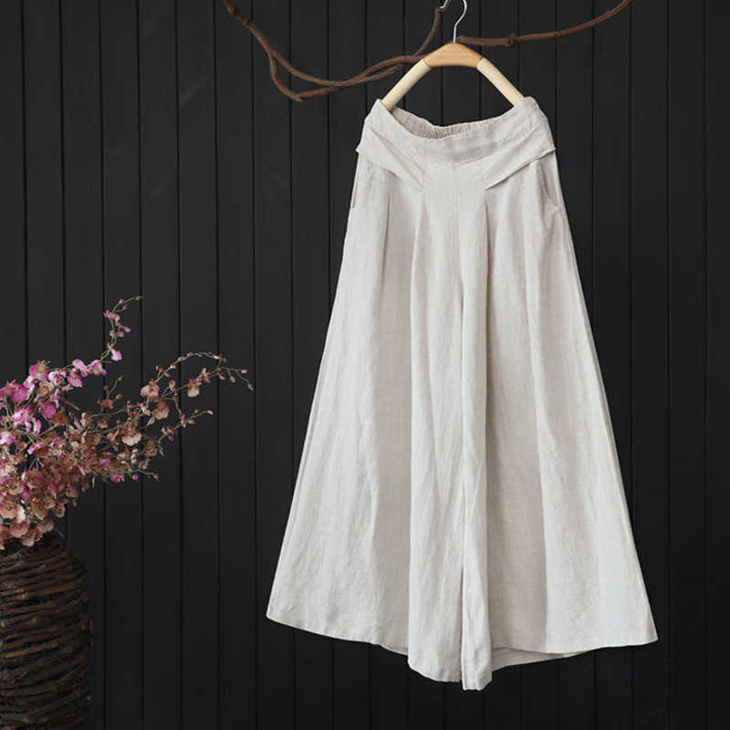 Summer Arts Style Women Elastic Waist Solid Wide Leg Pants All-matched Casual Cotton Linen Loose Plus Size S980 211115
