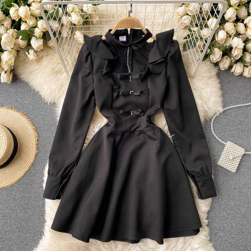 Spring Fashion Women Color Contrast Bow Long Sleeve High Waist Slim A-line Dress White Black Casual Clothes Vestidos R312 210527