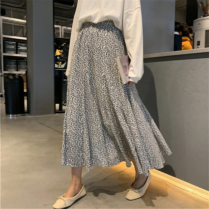 Women Elegant Floral Print Pleated Skirt Elastic High Waist Long Skirt Female Autumn Ladies High Quality Midi Skirt Saia 210306