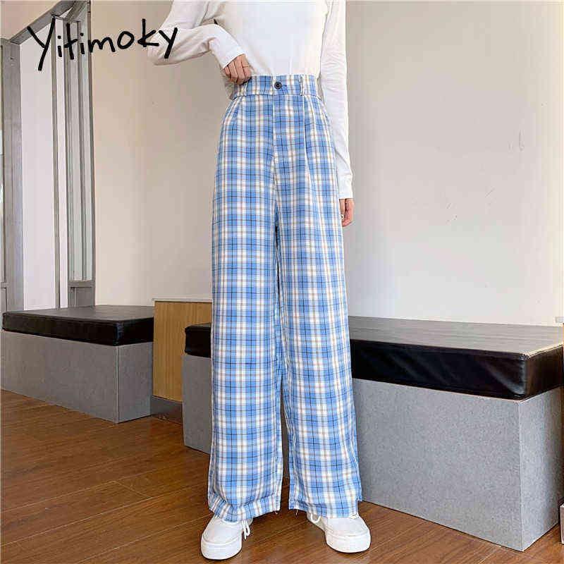 Yitimoky Plaid Pants Sweatpants Women Spring Streetwear Korean Style Elastic High Waist Straight Wide Leg Woman 211115